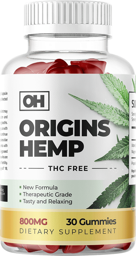 Origins Hemp Gummies bottle – 800 mg THC-free hemp oil extract, 30 gummies, dietary supplement